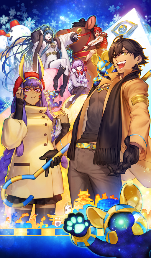 &gt;:) 2boys 3girls adjusting_eyewear alexander_(fate) alexander_(winter_thanksgiving_festival)_(fate) aqua_hair armpits azusa_(hws) bespectacled black_boots black_gloves black_scarf black_shirt black_skirt black_sweater black_thighhighs blue_background blunt_bangs boots braid breasts brown_boots brown_coat brown_hair brown_jacket brown_pants brown_shorts buttons check_commentary cleopatra_(fate) cleopatra_(winter_thanksgiving_festival)_(fate) closed_mouth coat commentary commentary_request cowboy_shot creature dark-skinned_female dark-skinned_male dark_skin diffraction_spikes dress earmuffs earrings eye_of_horus fate/grand_order fate_(series) fou_(fate) fur-trimmed_boots fur_trim glasses gloves gold_belt gold_earrings grey_jacket hair_between_eyes hair_over_one_eye happy high_ponytail holding holding_staff hoop_earrings horse jacket jewelry long_hair long_sleeves looking_at_viewer mash_kyrielight medium_breasts midriff_peek miniskirt multiple_boys multiple_girls necklace nitocris_(fate) nitocris_(winter_thanksgiving_festival)_(fate) official_art one_eye_closed open_clothes open_coat open_mouth orange_coat oversized_object ozymandias_(fate) ozymandias_(winter_thanksgiving_festival)_(fate) pants pantyhose pectoral_cleavage pectorals pink_eyes ponytail popped_collar puffy_long_sleeves puffy_sleeves purple_hair pyramid_(structure) ramesseum_tentyris red-framed_eyewear red_hair red_jacket red_nails red_scarf scarf shirt short_dress short_hair shorts sidelocks single_braid sitting skirt sleeveless sleeveless_dress smile snowflake_background snowman sparkle sphinx_awlad staff standing stuffed_animal stuffed_toy sweater thighhighs third-party_source v-shaped_eyebrows very_long_hair white_coat white_dress white_pantyhose winter winter_clothes winter_coat yellow_eyes