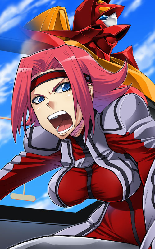 00s blue_eyes bodysuit cockpit code_geass guren_(code_geass) guren_flight-enabled_version guren_mk-ii headband ifuji_shinsen kouzuki_kallen mecha pilot_suit red_hair robot solo