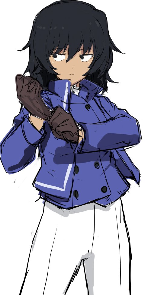 1girl andou_(girls_und_panzer) ashiwara_yuu bc_freedom_military_uniform black_hair blue_jacket blue_vest brown_eyes brown_gloves closed_mouth cowboy_shot dark-skinned_female dark_skin dress_shirt girls_und_panzer gloves hair_between_eyes high_collar jacket long_sleeves looking_to_the_side medium_hair messy_hair military military_uniform official_style pants pelisse shirt simple_background smile solo standing vest white_pants