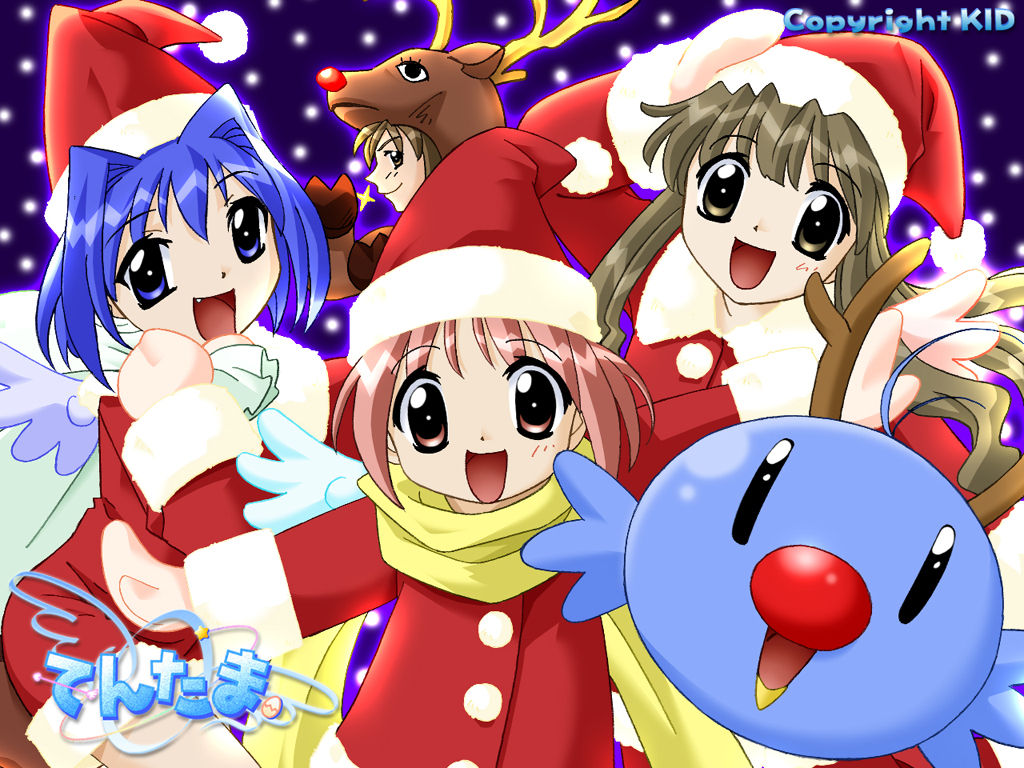 2000s_(style) 2boys 3girls ahoge aizawa_takashi animal_costume antlers aoi_(bird)_(tentama) aoi_(tentama) aqua_bird aqua_wings archived_source arrow_(projectile) bird black_eyes blue_eyes blue_hair blue_wings bob_cut christmas closed_mouth collar collared_jacket company_name copyright_name cowboy_shot cracked_egg detached_wings egg english_text facing_viewer fake_nails fang fur-trimmed_headwear fur-trimmed_jacket fur_collar fur_trim hair_intakes hat holding holding_sack horns jacket karin_(tentama) kindle_imagine_develop koshimizu_takayuki light_brown_hair logo long_hair long_sidelocks looking_at_viewer mittens multiple_boys multiple_girls night night_sky official_art official_wallpaper open_hands open_mouth outdoors outstretched_arms pink_eyes pink_hair pink_mittens pink_wings pom_pom_(clothes) profile red_hat red_jacket red_nose red_sleeves reindeer_antlers reindeer_costume sack santa_hat scarf second-party_source sidelocks sky sleeve_cuffs smile snowing solid_oval_eyes spread_arms star_(symbol) straight_hair tentama tentama:_1st_sunny_side tongue watase_futaba white_bag white_collar white_sleeve_cuffs white_wings wings yellow_eyes yellow_scarf