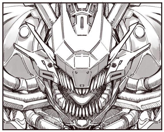 1other chatterbox_(nikke) goddess_of_victory:_nikke greyscale mecha monochrome portrait rapture_(nikke) robot sharp_teeth teeth tenbin_gashira