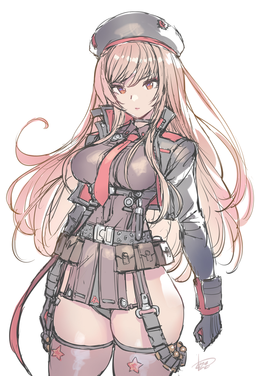 1girl ammunition arm_at_side beret black_gloves black_sleeves breasts closed_mouth collared_shirt commentary_request cowboy_shot gloves goddess_of_victory:_nikke hat highleg highres legs_apart long_hair long_sleeves matsuda_(matsukichi) medium_breasts military_uniform necktie orange_eyes orange_hair pocket rapi_(nikke) red_necktie seatbelt shirt signature simple_background sketch skin_tight solo thighhighs thighs v-shaped_eyebrows white_background