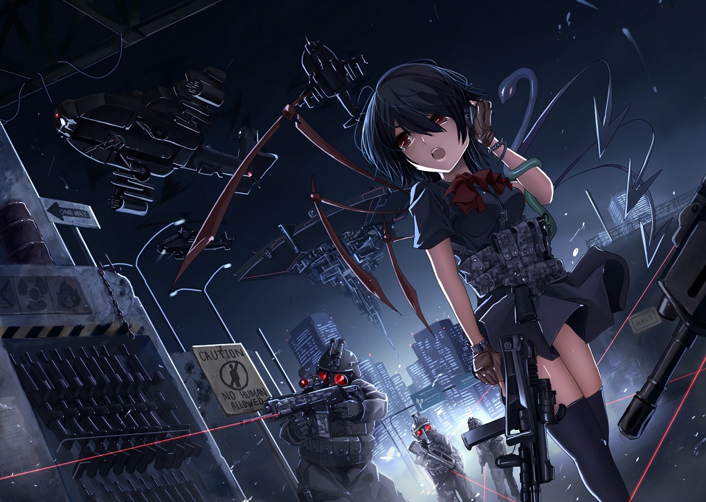 1girl acr adaptive_combat_rifle ah-64 ah-64_apache aircraft an/peq-2 assault_rifle asymmetrical_wings attack_helicopter autocannon bad_id bad_pixiv_id black_hair black_thighhighs blush brown_eyes bullpup cannon chain_gun city contemporary district_9 dress dutch_angle famas female_focus gun gunship h&amp;k_ump heckler_&amp;_koch helicopter helicopter_gunship helmet houjuu_nue hydra_70 koh_(minagi_kou) laser laser_pointer_projection laser_sight lau-61_g/a left-handed m230_chain_gun m261 mask military military_vehicle night open_mouth outdoors red_eyes rifle rocket_(projectile) rocket_artillery rocket_launcher rocket_pod shiny_skin short_hair sign skindentation sky snake soldier spacecraft star_(sky) starry_sky submachine_gun thighhighs touhou trigger_discipline vertical_forward_grip weapon wings zettai_ryouiki
