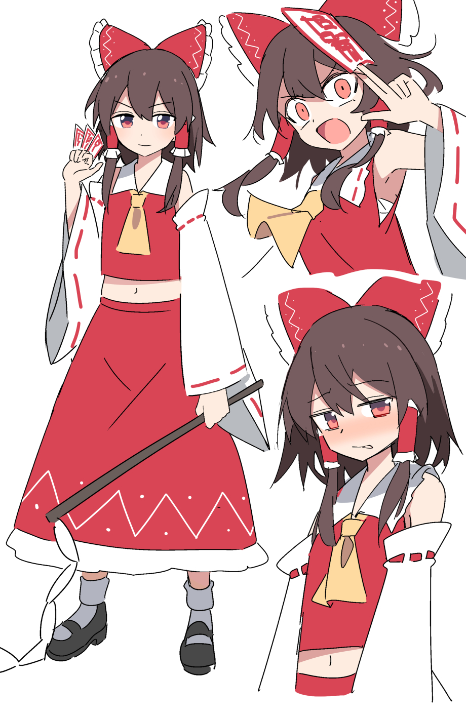1girl angry ankle_socks armpits black_footwear blush bow brown_hair chest_sarashi cropped_shirt detached_sleeves double-parted_bangs e.o. frilled_bow frilled_skirt frills full_body gohei hair_between_eyes hair_bow hair_tubes hakurei_reimu hand_up highres holding light_blush long_hair long_skirt looking_at_viewer mary_janes midriff multiple_views navel nontraditional_miko ofuda open_mouth red_bow red_eyes red_ribbon red_shirt red_skirt ribbon ribbon-trimmed_bow ribbon-trimmed_sleeves ribbon_trim sarashi scowl shide shirt shoes sidelocks simple_background skirt sleeveless sleeveless_shirt smile socks standing touhou upper_body white_background white_sleeves white_socks wide-eyed wide_sleeves