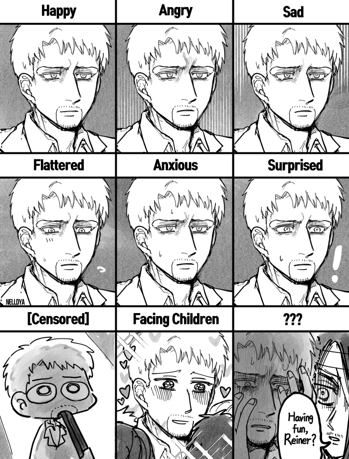 ? ?? bandage_over_one_eye black_hair blonde_hair english_text eren_yeager expression_chart expressionless facial_hair greyscale gun long_hair mina_(als_dk) monochrome multiple_expressions parody reiner_braun scared shingeki_no_kyojin shirt short_hair shotgun weapon