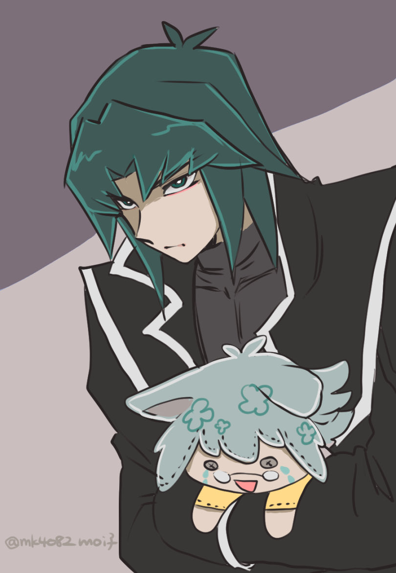 1boy black_coat black_shirt bright_pupils character_doll closed_mouth coat doll green_eyes green_hair holding holding_doll long_sleeves looking_ahead male_focus marufuji_ryo marufuji_sho moiko shirt solo twitter_username two-tone_background upper_body white_pupils yu-gi-oh! yu-gi-oh!_gx