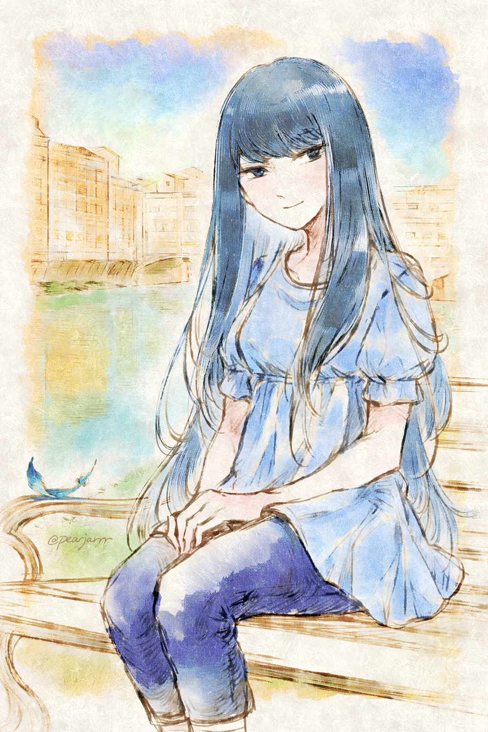 1girl bench blouse blue_eyes blue_feathers blue_hair blue_shirt blue_theme building capri_pants falling_feathers feathers hands_on_own_legs highres kara_no_shoujo kuchiki_touko long_hair looking_at_viewer on_bench pants pearjarrr shirt sitting smile solo watercolor_effect