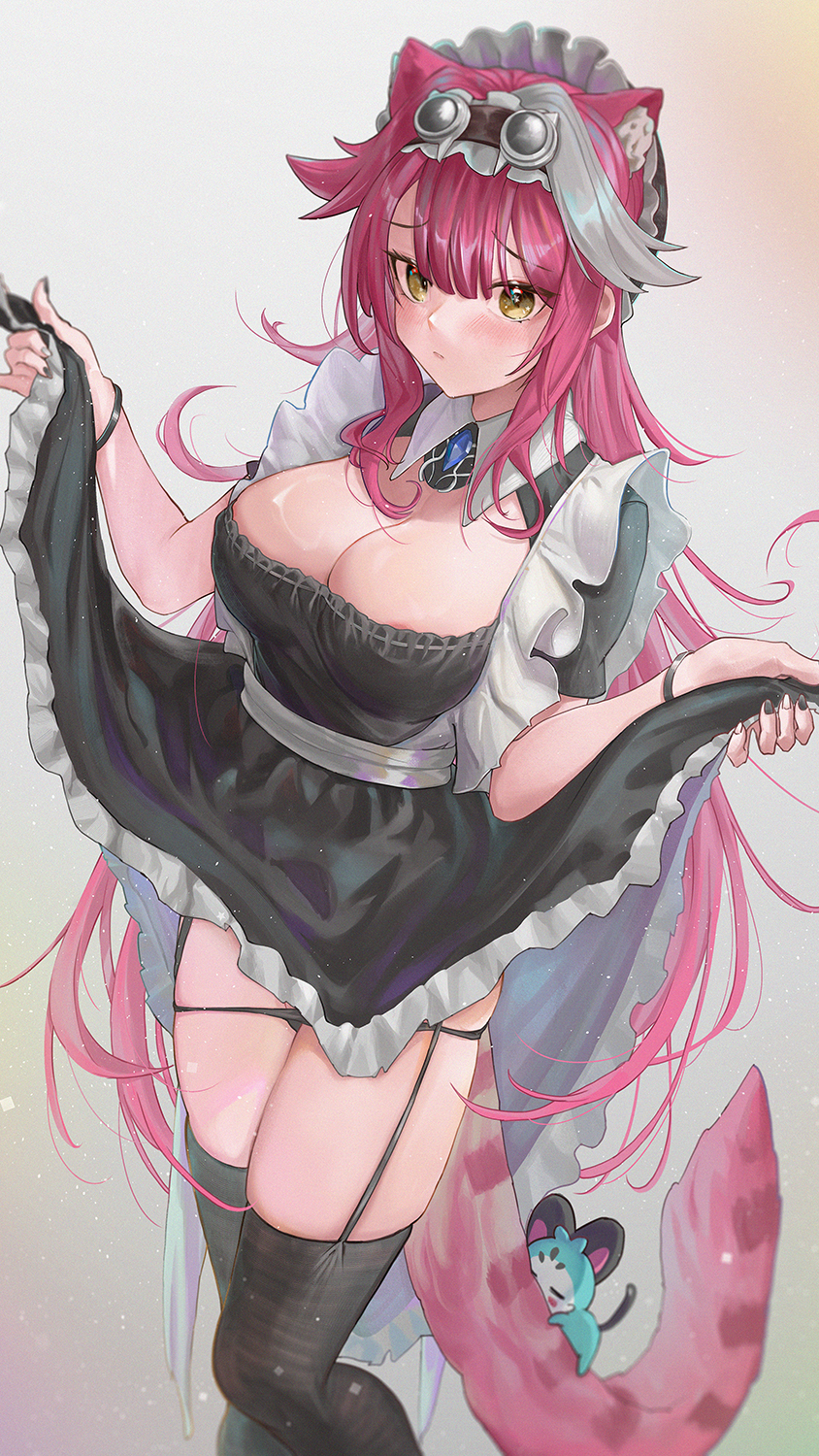 1girl :c animal_ear_fluff animal_ears animal_on_tail apron black_dress black_garter_straps black_hat black_nails black_panties black_thighhighs blue_gemstone blush breasts chattino_(raora_panthera) cleavage closed_eyes closed_mouth dress fingernails frown garter_straps gem goggles goggles_on_head gradient_background grey_background grey_hair hair_between_eyes hat highres hololive hololive_english large_breasts light_particles long_hair luirck maid multicolored_hair nail_polish panther_ears panther_girl panther_tail panties panty_lift pink_hair pink_lips raora_panthera short_sleeves skirt_hold star_(symbol) star_in_eye streaked_hair symbol_in_eye tail thighhighs thighs two-tone_hair underwear virtual_youtuber white_apron yellow_eyes