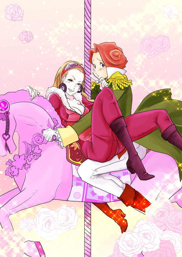 1boy 1girl :o ace_attorney belt boots breasts carousel cleavage clenched_teeth desiree_delite earrings epaulettes evil_smile flower gloves goggles goggles_on_head headband horse husband_and_wife jewelry knee_boots looking_at_viewer military military_uniform open_mouth pants parted_lips phoenix_wright:_ace_attorney_-_justice_for_all phoenix_wright:_ace_attorney_-_trials_and_tribulations pncnmmm pole purple_footwear red_footwear ron_delite rose short_hair sitting smile teeth white_gloves