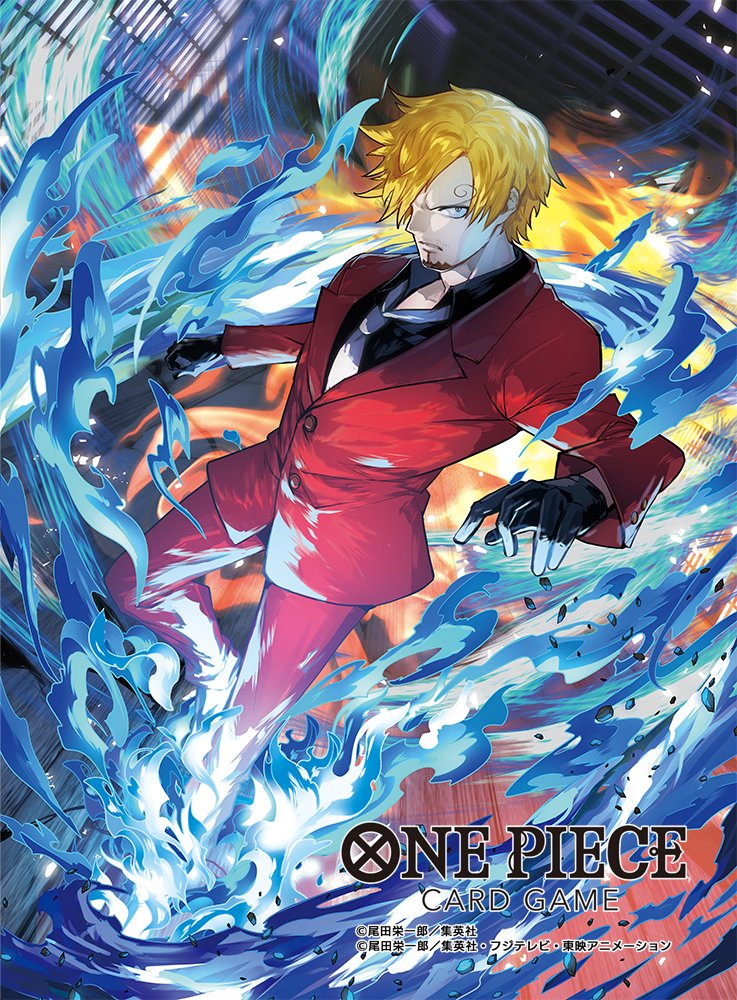 1boy black_shirt blonde_hair blue_fire commentary_request copyright_name curly_eyebrows facial_hair fire formal_clothes goatee hair_over_one_eye ifrit_jambe male_focus moreshan necktie official_art one_piece one_piece_card_game red_suit sanji_(one_piece) shirt short_hair solo suit white_necktie