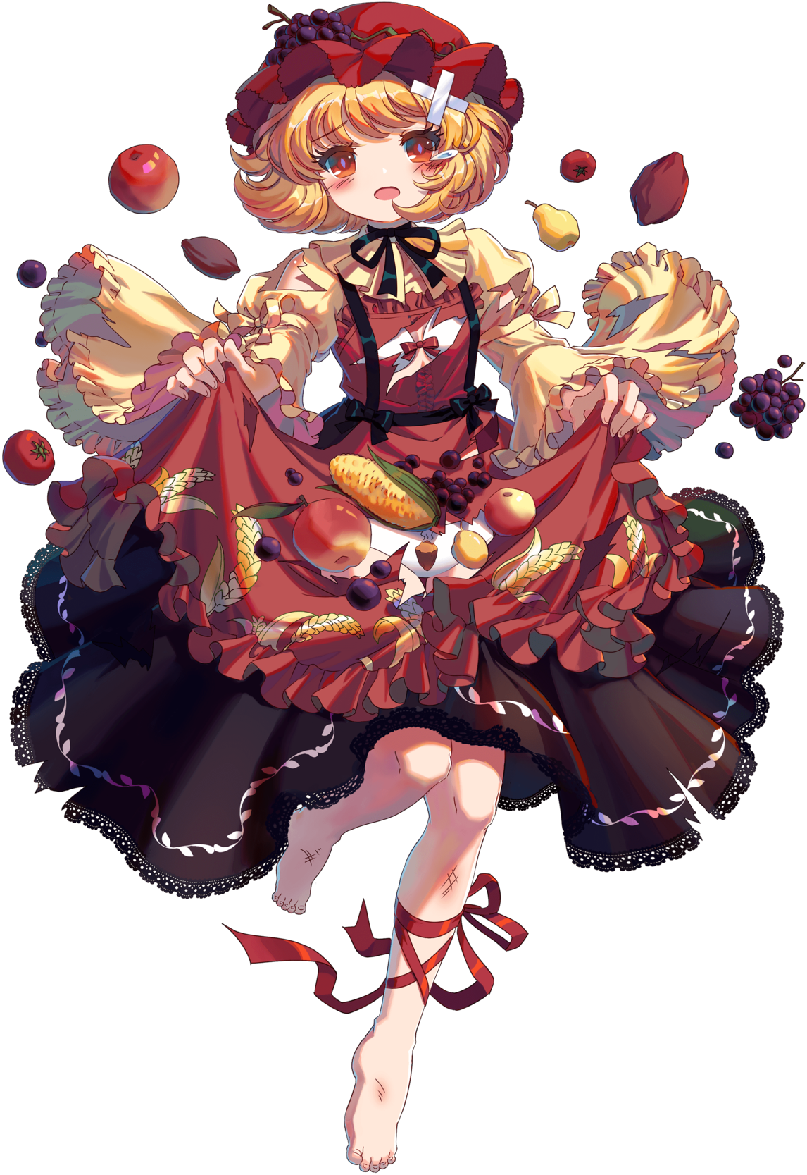 1girl aki_minoriko apple apron barefoot black_dress black_ribbon blonde_hair bra choker corn crossed_bandaids dress feet food frilled_apron frilled_dress frilled_sleeves frills fruit game_cg grape_hat_ornament grapes hat highres injury kumio leg_ribbon lifting_own_clothes mob_cap non-web_source orange_eyes panties pear red_apron red_hat red_ribbon ribbon ribbon_choker roasted_sweet_potato shirt sweet_potato sweet_potato_print tachi-e teardrop toes tomato torn_apron torn_clothes torn_dress torn_shirt touhou touhou_blooming_chaos underwear wheat wheat_print white_bra white_panties yellow_ribbon yellow_shirt