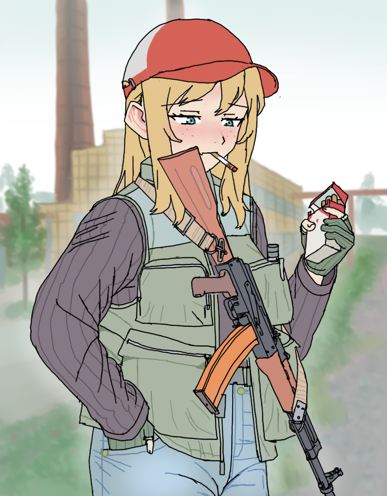 1girl akm assault_rifle baseball_cap blonde_hair blue_eyes cigarette cigarette_pack denim escape_from_tarkov factory fingerless_gloves freckles fukufaku gloves gun hand_in_pocket hat holding holding_cigarette_pack jeans kalashnikov_rifle long_hair military original pants red_hat rifle smoking solo sweater utility_vest vest weapon white_hat