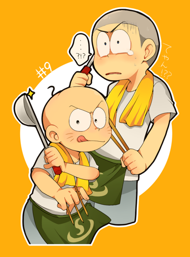 2boys :q apron bald chibita green_apron ladle looking_at_viewer matsuno_karamatsu multiple_boys orange_background osomatsu-kun osomatsu-san osomatsu_(series) shaved_head shirt tears thick_eyebrows tongue tongue_out towel tsubuta_hiro white_shirt