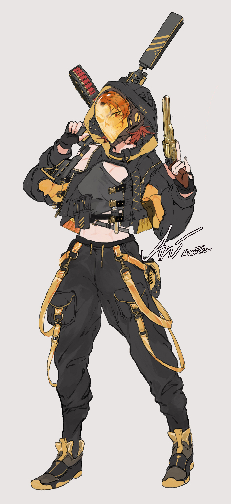 1girl alternate_costume annie_(saibou_shinkyoku) black_gloves black_jacket black_pants black_shirt black_shoes blonde_hair character_name crop_top fingerless_gloves full_body gloves grey_background gun handgun holding holding_gun holding_weapon hood hood_up hooded_jacket jacket long_sleeves medium_hair meniusa_lau pants red_eyes red_hair saibou_shinkyoku shirt shoes simple_background solo weapon