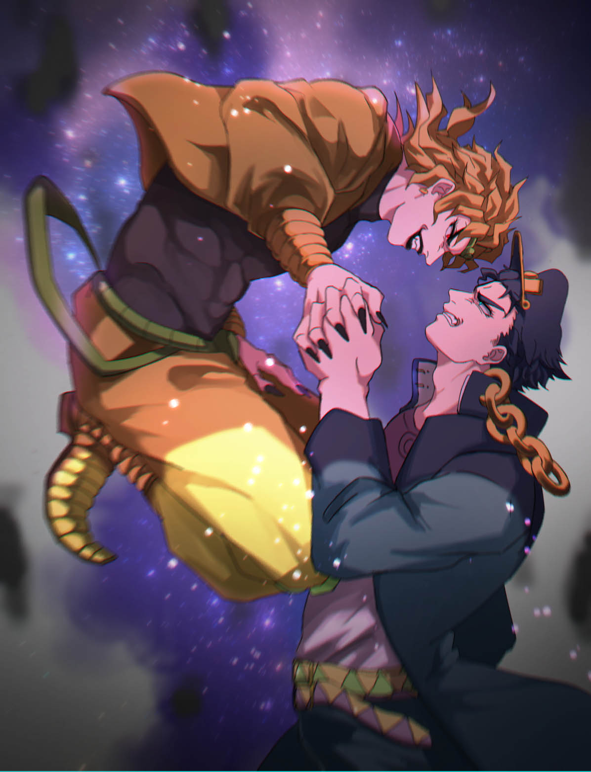 2boys aqua_eyes bad_id bad_pixiv_id black_hair blonde_hair blurry chain clenched_teeth dio_brando earrings evil_grin evil_smile fangs fingernails gakuran grin hat headband highres jacket jewelry jojo_no_kimyou_na_bouken kuujou_joutarou lipstick makeup male_focus multiple_boys nail_polish pointy_footwear purple_lips purple_nails red_eyes school_uniform sharp_fingernails shoes smile teeth yanoooh