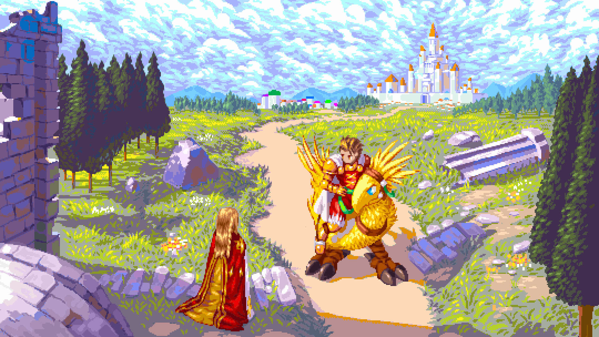 1boy 1girl allan_dias armor blonde_hair brown_hair cape castle chocobo cloud delita_heiral dress final_fantasy final_fantasy_tactics forest highres holding holding_reins long_hair nature orange_eyes outdoors ovelia_atkascha path pixel_art red_cape reins riding road ruins sky tree white_cape white_dress