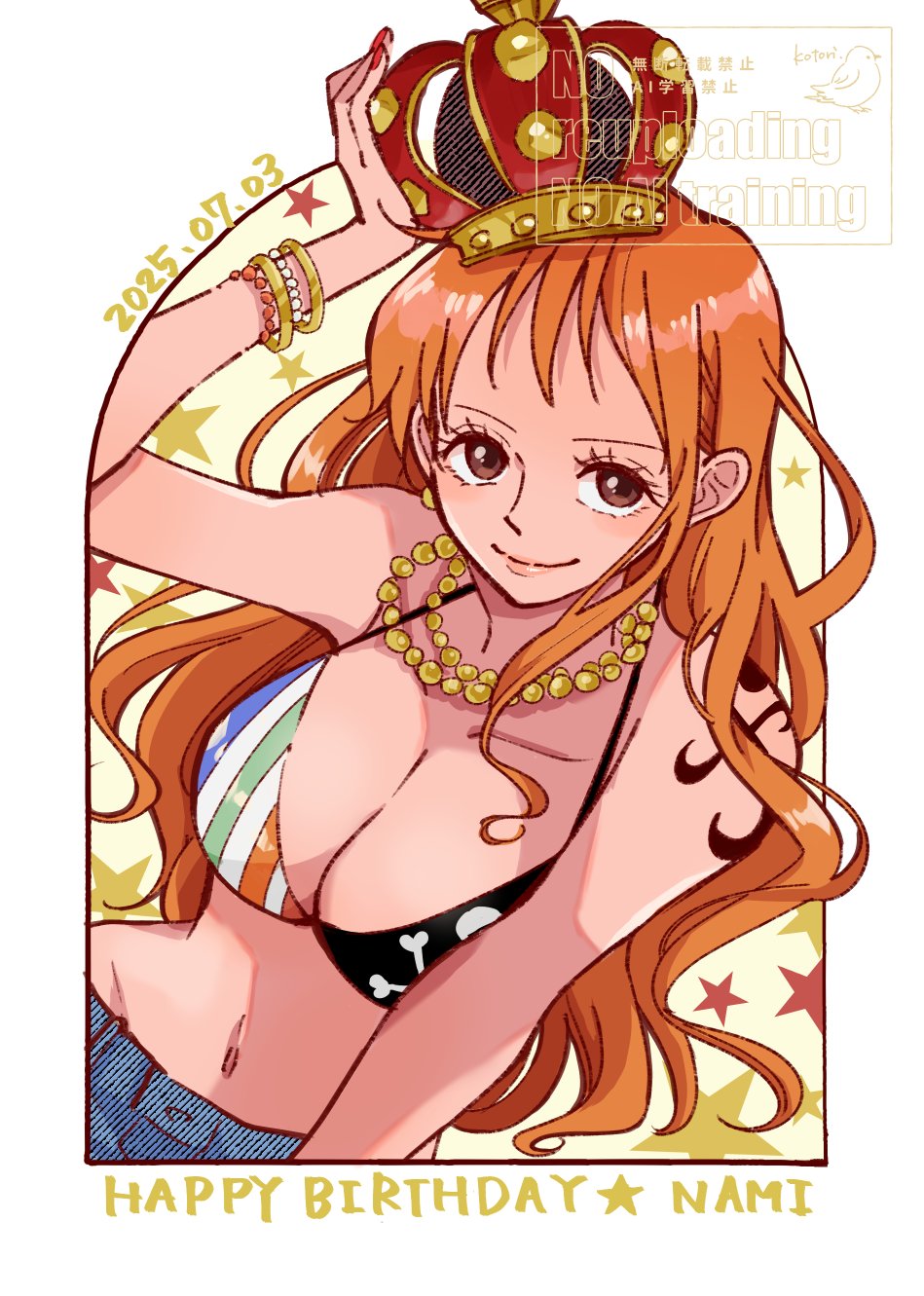 1girl bangle bare_shoulders bead_bracelet bead_necklace beads bikini bikini_top_only birthday bracelet breasts brown_eyes character_name cleavage closed_mouth collarbone commentary_request crown dated denim halterneck hand_on_headwear hand_up happy_birthday highres jewelry ko_tori0 large_breasts long_hair looking_at_viewer nami_(one_piece) navel necklace one_piece orange_hair shoulder_tattoo single_sidelock smile solo star_(symbol) stomach swimsuit tattoo upper_body wavy_hair