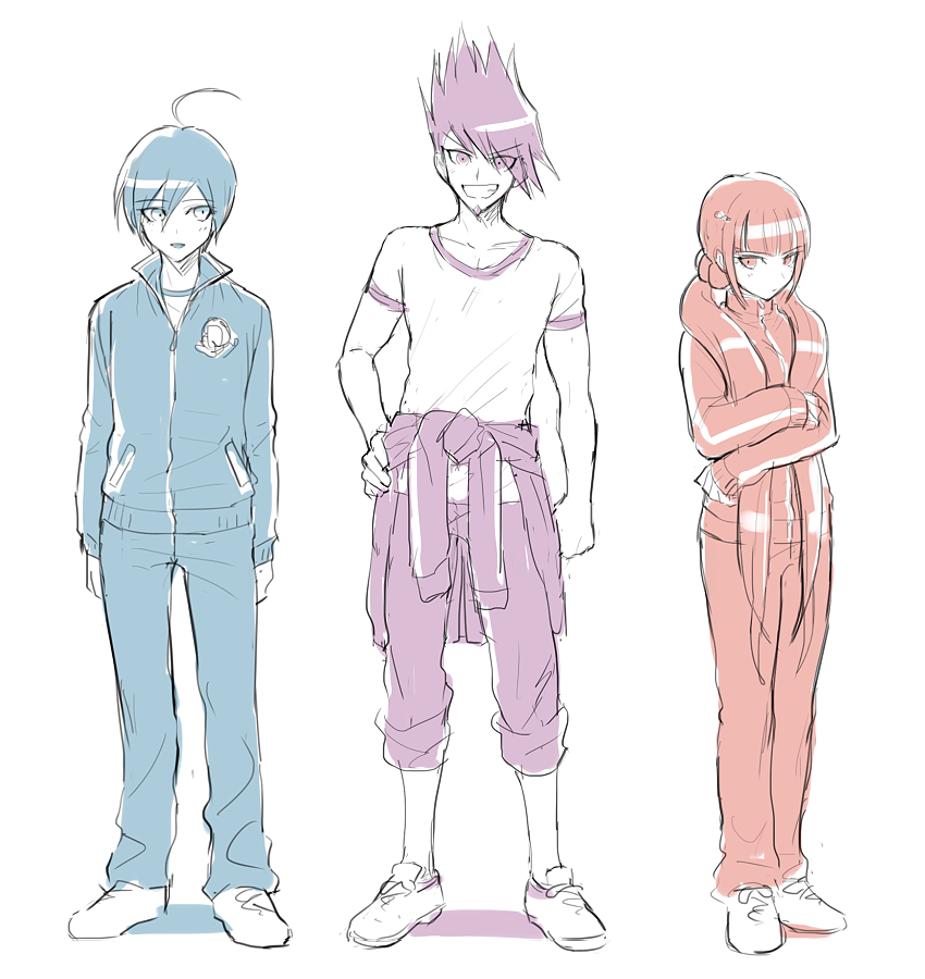 1girl 2boys ahoge closed_mouth clothes_around_waist danganronpa_(series) danganronpa_v3:_killing_harmony facial_hair full_body goatee grin gym_shirt hair_between_eyes hand_on_own_hip harukawa_maki itsuki_(nightlight) jacket jacket_around_waist long_hair long_sleeves looking_at_viewer momota_kaito multiple_boys pants saihara_shuichi shirt shoes short_sleeves simple_background smile spiked_hair standing twintails