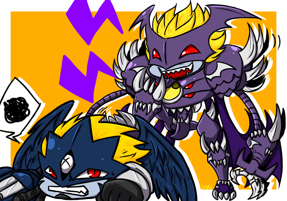 beelzebumon_(digimon_xros_wars) blonde_hair digimon digimon_(creature) gun mask neovamdemon red_eyes weapon wings