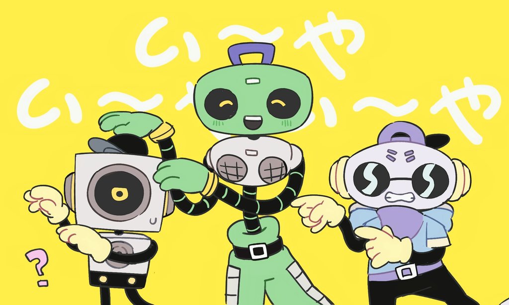 3boys :d ? ^_^ backwards_hat baseball_cap belt black_belt black_hat blue_hoodie cap&#039;n_(deltarune) cd_player clenched_teeth closed_eyes commentary_request cowboy_shot deltarune gloves green_gloves green_pants hat hood hood_down hoodie humanoid_robot i~ya_i~ya_i~ya_(vocaloid) k_k_(deltarune) looking_at_viewer male_focus mechanical_arms multiple_boys ningzzz object_head open_mouth pants purple_bandana purple_belt purple_hat robot short_sleeves simple_background smile speaker straight-on sunglasses sweet_(deltarune) teeth upper_teeth_only yellow_background yellow_eyes yellow_gloves