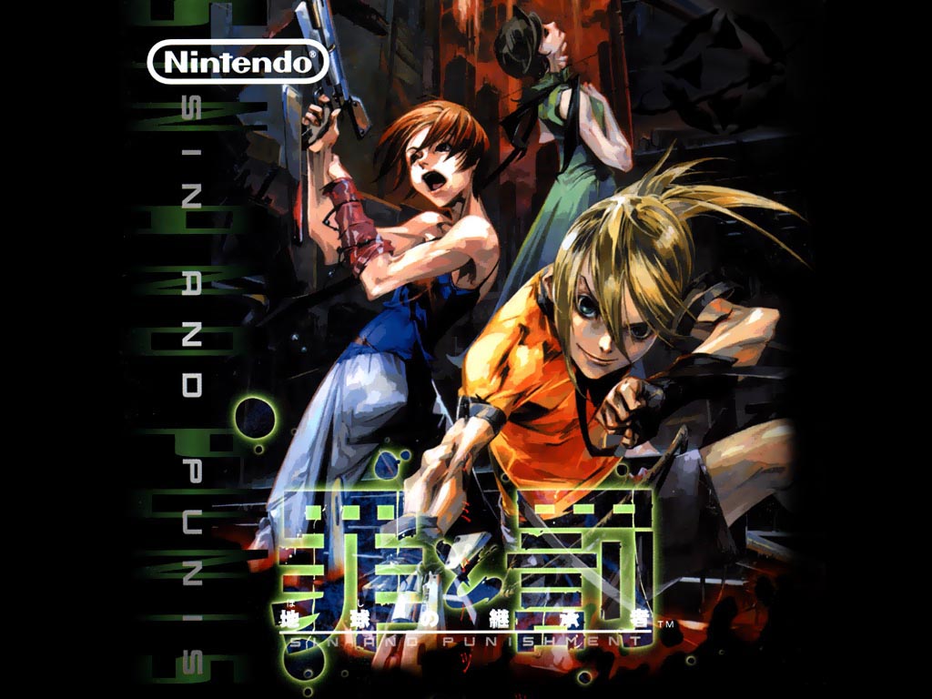1boy 2girls achi airan blonde_hair brown_hair gun multiple_girls official_art saki_(sin_and_punishment) short_hair sin_and_punishment treasure_(developer) weapon