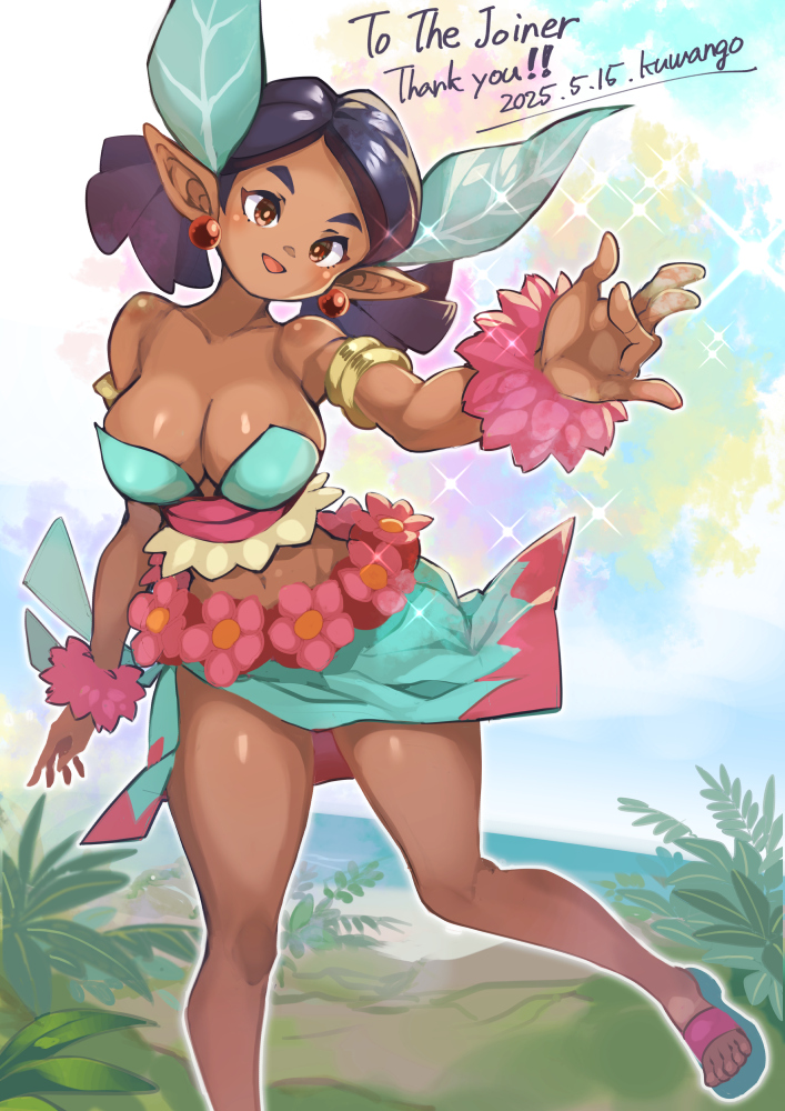1girl bikini black_hair commission dark-skinned_female dark_skin dated earrings hair_ornament jewelry kuwango leaf_hair_ornament long_pointy_ears looking_at_viewer pointy_ears scrunchie shantae_(series) shantae_and_the_seven_sirens skeb_commission sphere_earrings strapless strapless_bikini swimsuit thank_you vera_(shantae) wrist_scrunchie