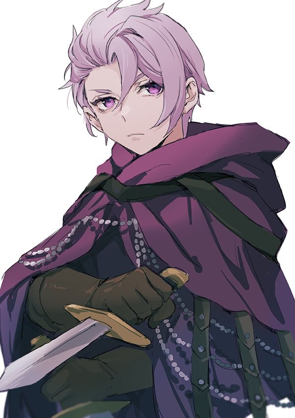 1boy bishounen black_gloves black_shirt cape closed_mouth commentary_request dagger eyelashes frown gloves holding holding_dagger holding_knife holding_weapon isa_(peien516) knife looking_to_the_side male_focus pink_eyes pink_hair purple_cape reverse_grip shirt sideways_glance simple_background solo travis_(unicorn_overlord) unicorn_overlord upper_body weapon white_background