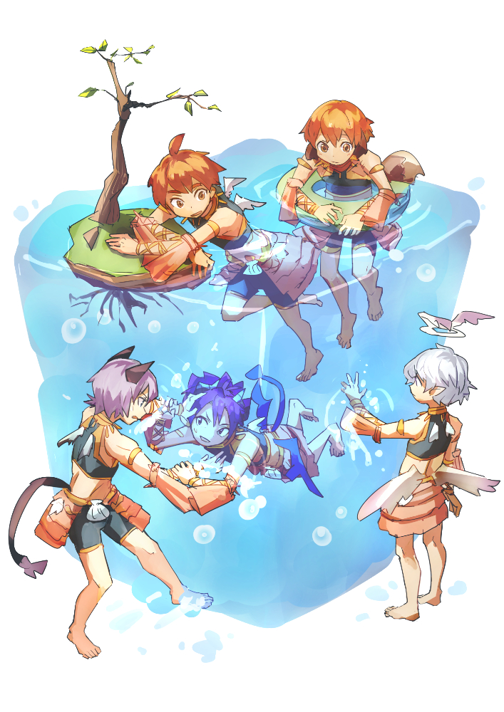 5boys angel animal_ears barefoot blue_eyes blue_hair blush brown_eyes brown_hair cat_boy cat_ears cat_tail demon_boy demon_tail demon_wings dog_boy dog_ears dog_tail eyebrows full_body geetgeet horns ledo_vassar luke_venus male_focus mini_wings multiple_boys open_mouth pointy_ears pop-up_story purple_eyes selim_spark silver_hair simple_background smile standing swimming tail water white_background wings yuuri_lessen ziz_glover