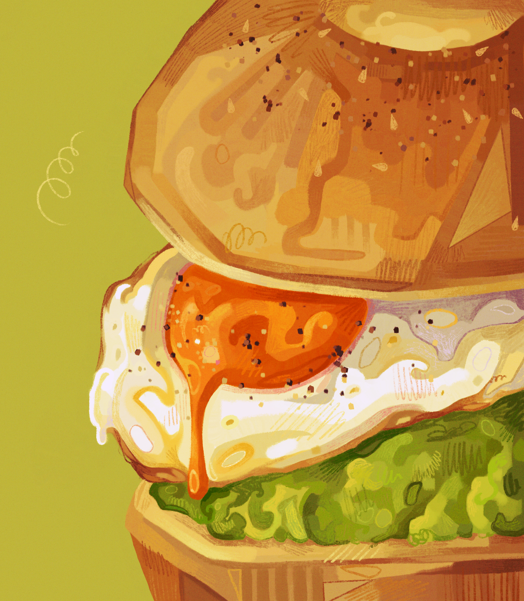analogous_colors avocado bagel bagel_sandwich breakfast close-up commentary dripping egg egg_(food) egg_yolk english_commentary film_grain food food_focus fried_egg green_background green_theme highres limited_palette no_humans original pepper_(spice) quezify sesame_seeds simple_background squiggle still_life