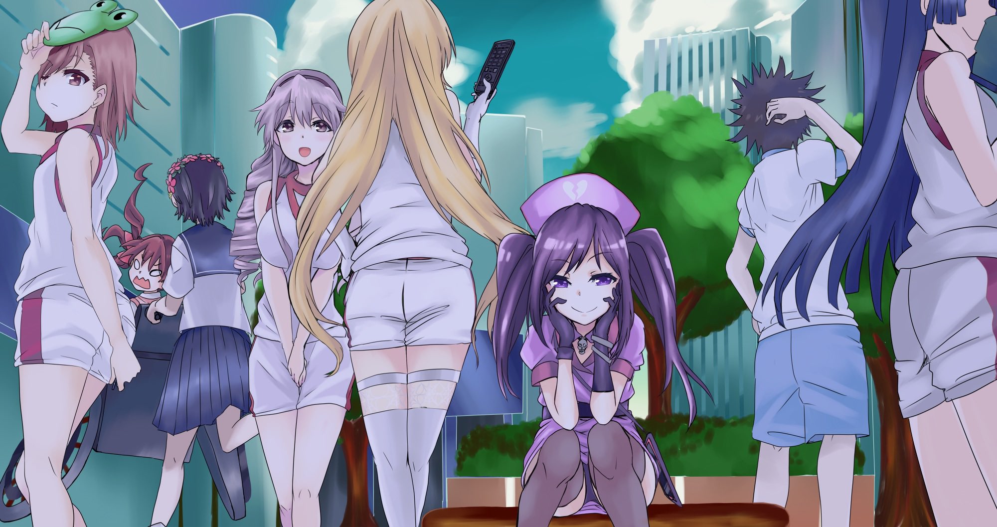 1boy 6+girls :d a_certain_high_school_gym_uniform academy_city angry asymmetrical_gloves black_hair black_skirt black_thighhighs blonde_hair blue_shorts broken_heart_print brown_eyes brown_hair city cloud controller dress drill_hair elbow_gloves elbows_on_knees frog_mask frogboxed gekota gloves gym_shirt gym_shorts hat head_rest head_wreath highres hokaze_junko holding holding_remote_control jewelry kamijou_touma kongou_mitsuko kouzaku_mitori long_hair looking_at_viewer mask mask_on_head misaka_mikoto mismatched_gloves multiple_girls necklace nurse_cap one_eye_closed open_mouth pleated_skirt purple_dress purple_gloves purple_hair purple_headwear red_trim remote_control sailor_collar sakugawa_school_uniform school_uniform scratching_head serafuku shirai_kuroko shirt shokuhou_misaki short_dress short_sleeves shorts skirt skull_necklace sky sleeveless sleeveless_shirt smile spiked_hair thighhighs toaru_kagaku_no_railgun toaru_kagaku_no_railgun_t toaru_majutsu_no_index tokiwadai_school_gym_uniform tokiwadai_school_uniform tree twintails uiharu_kazari wheelchair white_gloves white_shirt white_shorts white_thighhighs