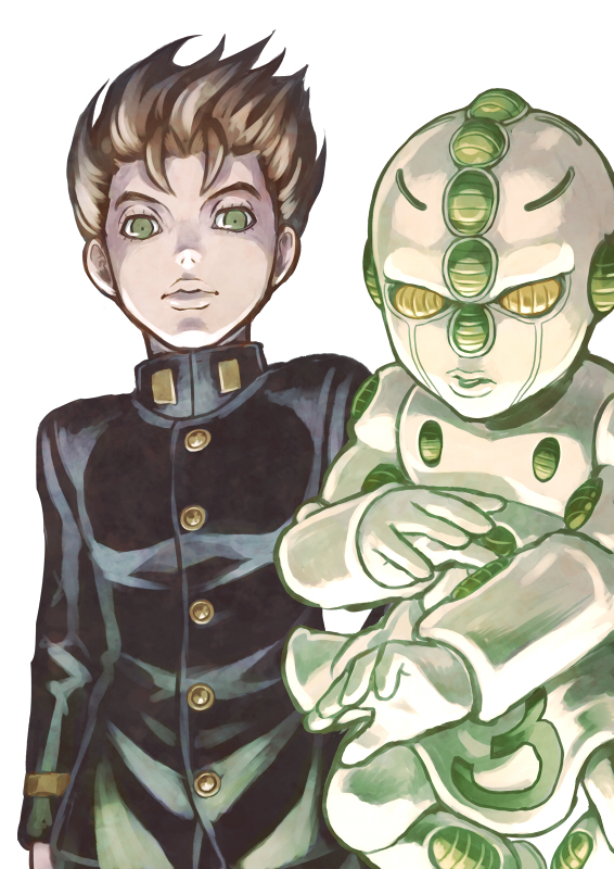 2boys blonde_hair chounorin echoes_(stand) echoes_act3 gakuran green_eyes hirose_koichi jojo_no_kimyou_na_bouken multiple_boys school_uniform stand_(jojo)