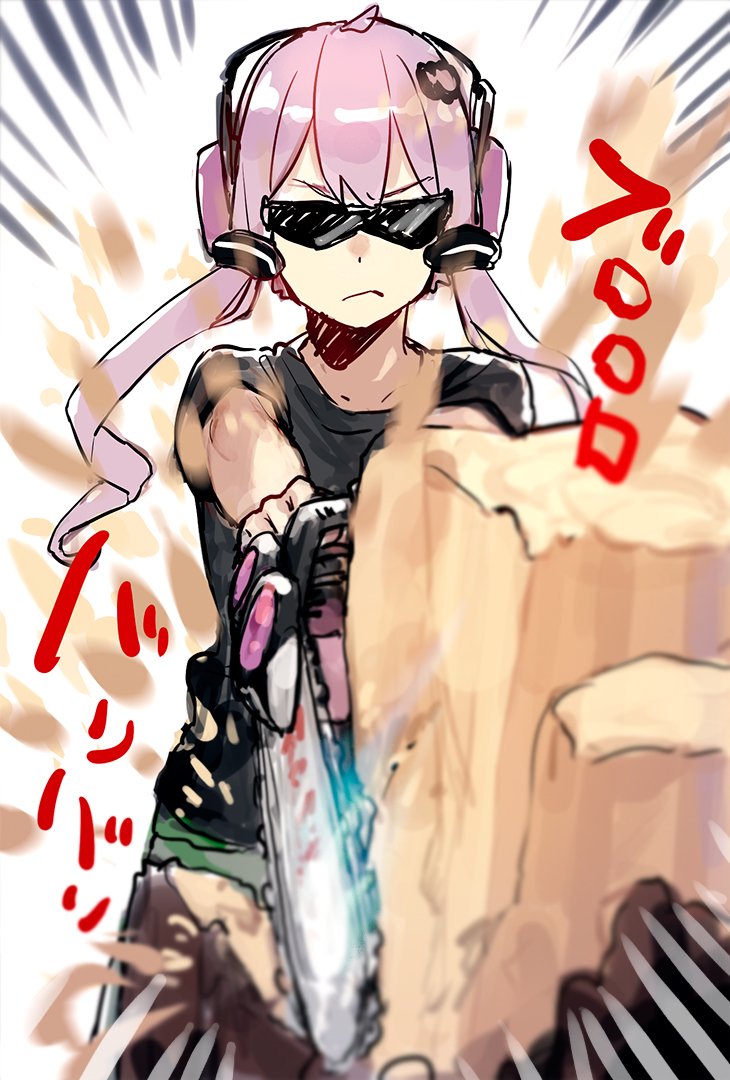 1girl ahoge chainsaw closed_mouth commentary_request covered_eyes cowboy_shot ear_protection emphasis_lines facing_viewer floating_hair frown green_pants hair_ornament hitogome holding holding_chainsaw light_purple_hair log motion_blur pants shirt short_hair_with_long_locks short_sleeves solo sound_effects sunglasses translation_request v-shaped_eyebrows vocaloid voiceroid white_background white_shirt yuzuki_yukari