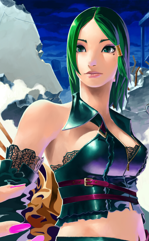 1girl alicia_(bullet_witch) aq_interactive bad_id bad_pixiv_id bullet_witch cavia detached_sleeves female_focus fingernails green_hair midriff mole mole_under_eye nail_(hardware) nail_polish pink_nails sirius_(pixiv328331) solo