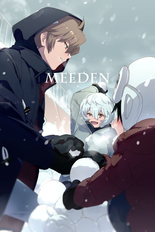 3boys :d arm_up black_hair blurry blush breath brown_hair child coat depth_of_field echo_(circa) grey_jacket grey_sky helmet holding holding_snowball hood hood_down hood_up hooded_jacket hyuse jacket kuga_yuuma long_sleeves looking_at_another male_focus mittens multiple_boys open_mouth outdoors outstretched_arms playing profile railing red_jacket rindou_youtarou scarf short_hair sky smile snow snowball snowball_fight snowing throwing uneven_eyes white_hair white_headwear winter_clothes world_trigger
