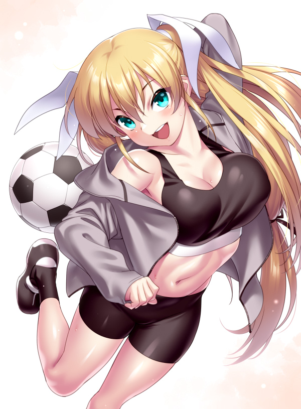 1girl ball bike_shorts black_shorts black_sports_bra grey_jacket hair_ribbon head_tilt hood hooded_jacket jacket little_busters! long_hair midriff open_mouth ribbon round_teeth shorts smile soccer_ball solo sports_bra teeth telstar tokido_saya two_side_up upper_teeth_only zen_(kamuro)