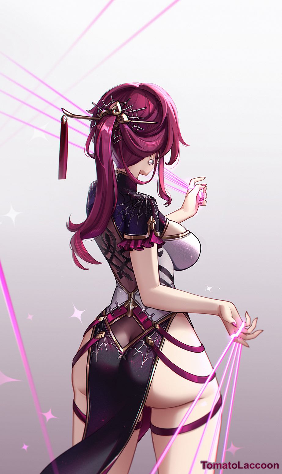 1girl alternate_costume artist_name ass black_collar black_dress breasts china_dress chinese_clothes collar commentary cowboy_shot dress earrings english_commentary fingernails from_behind hair_ornament hair_stick highres honkai:_star_rail honkai_(series) jewelry kafka_(honkai:_star_rail) large_breasts long_hair nail_polish paid_reward_available pelvic_curtain purple_hair purple_nails solo thighs tomatolaccoon