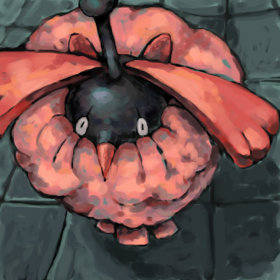black_eyes commentary english_commentary gen_4_pokemon nintendo no_humans pokemon pokemon_(creature) sailorclef shadow solo stone_floor wormadam wormadam_(trash)