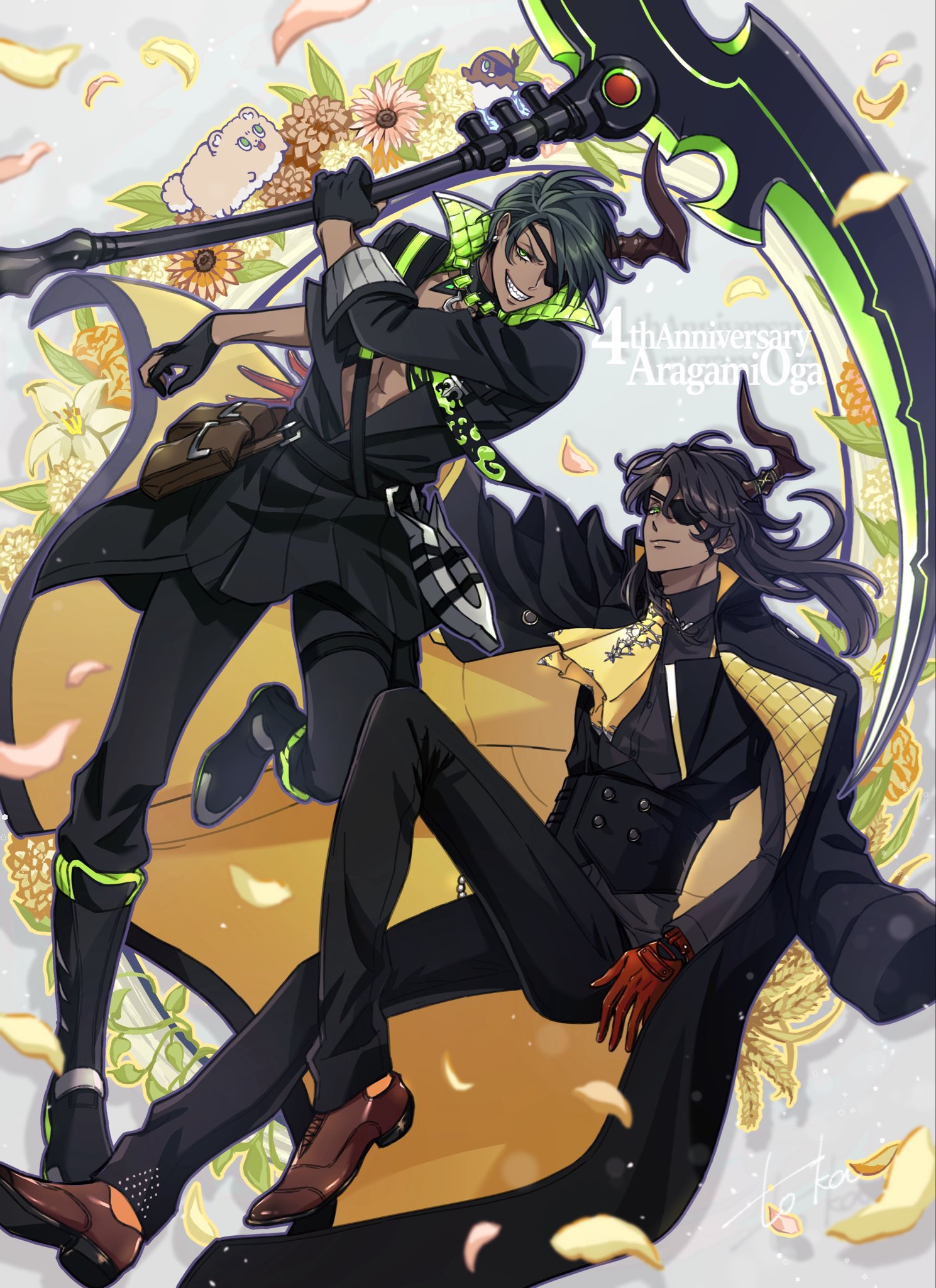 2boys abs anniversary aragami_oga aragami_oga_(underworld_aristocracy) ascot belt belt_pouch black_belt black_coat black_collar black_footwear black_gloves black_hair black_jacket black_pants black_shirt boots brown_footwear chungami closed_mouth cm10th coat coat_on_shoulders collar collared_shirt creature cross-laced_footwear cummerbund curtained_hair dahlia daisy_(flower) dark-skinned_male dark_skin demon_horns dress_shoes dual_persona earrings eyepatch falling_petals flower flower_wreath full_body gem gloves green_eyes green_gemstone grey_background grin hair_over_one_eye highres holding holding_scythe holostars horn_ornament horns horseshoe_ornament jacket jewelry knee_boots lily_(flower) long_hair looking_at_viewer male_focus multiple_boys official_alternate_costume open_clothes open_shirt orange_flower padded_shirt pants partially_fingerless_gloves petals plant pomekorokke pomeranian_(dog) pouch red_gloves sam_browne_belt scythe sharp_teeth shirt short_hair single_horn sleeve_cuffs smile teeth vines virtual_youtuber wheat white_flower yellow_ascot yellow_coat yellow_flower