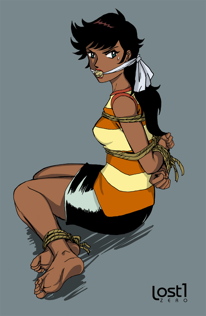 1970s_(style) 1girl arms_behind_back barefoot bdsm black_hair black_skirt bondage bound bound_ankles bound_arms bound_wrists breast_bondage breasts cleave_gag cloth_gag dark-skinned_female dark_skin gag gagged great_mazinger green_eyes honoo_jun improvised_gag legs lipstick looking_at_viewer lost_one_zero makeup mazinger_(series) medium_breasts oldschool retro_artstyle shirt skirt striped_clothes striped_shirt sweat thighs