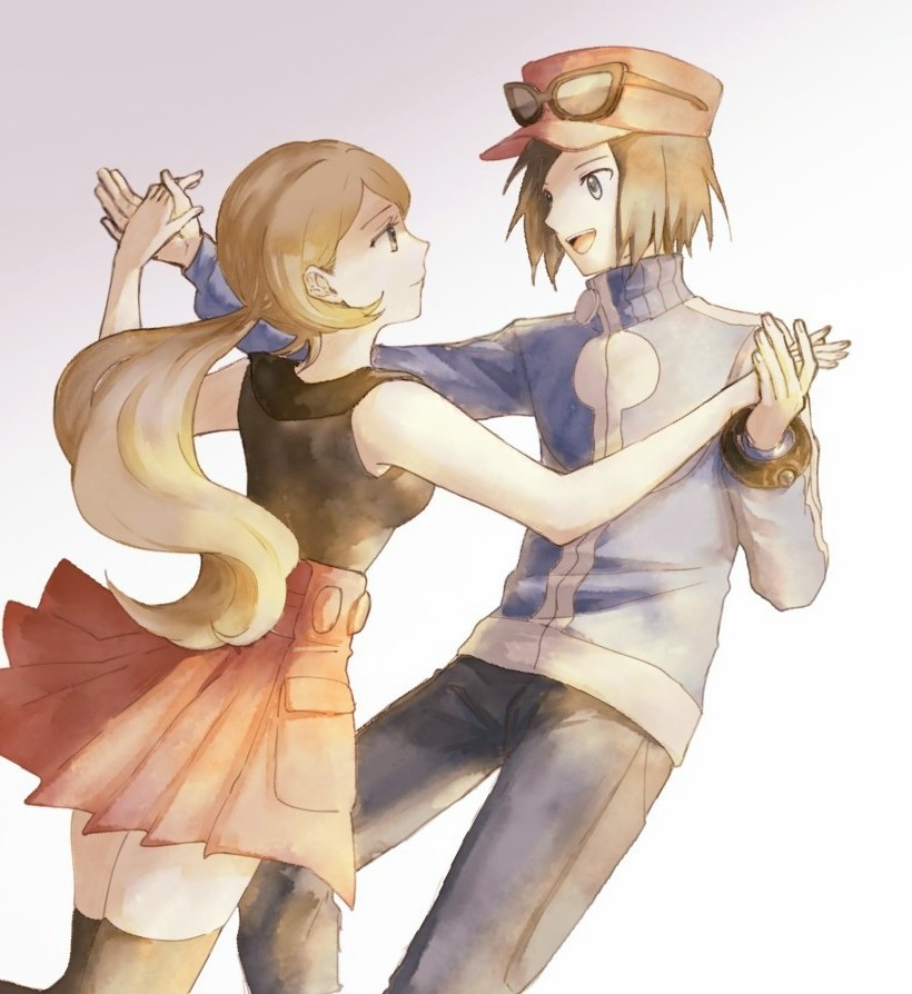 1boy 1girl asuka_rkgk black_thighhighs blonde_hair brown_hair calem_(pokemon) eyewear_on_headwear hetero long_hair mega_ring nintendo pokemon pokemon_xy ponytail red_skirt serena_(pokemon) shirt skirt sleeveless sleeveless_duster sleeveless_shirt thighhighs