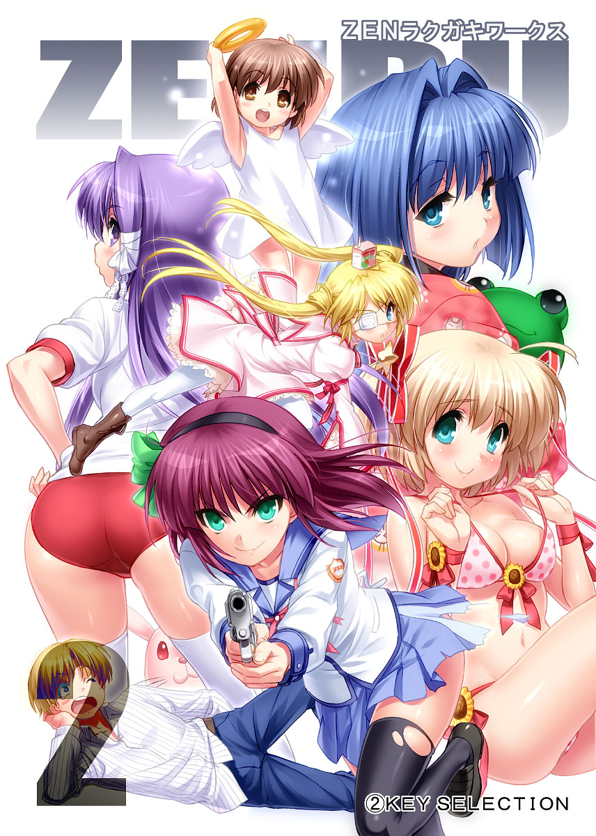 00s 10s 1boy 1girl 6+girls angel angel_beats! angel_wings ass bikini blonde_hair blue_eyes blue_hair buruma clannad company_connection crossover dress eyepatch frog fujibayashi_kyou green_eyes gun gym_uniform hair_intakes hairband halo highres kamikita_komari kanon keropii key_(company) little_busters! long_hair minase_nayuki multiple_girls nakatsu_shizuru okazaki_ushio one_-_kagayaku_kisetsu_e pajamas pantyhose purple_hair rabbit rewrite school_uniform serafuku short_hair stuffed_animal stuffed_toy sunohara_youhei swimsuit thighhighs torn_clothes torn_legwear twintails weapon wings nakamura_yuri zen