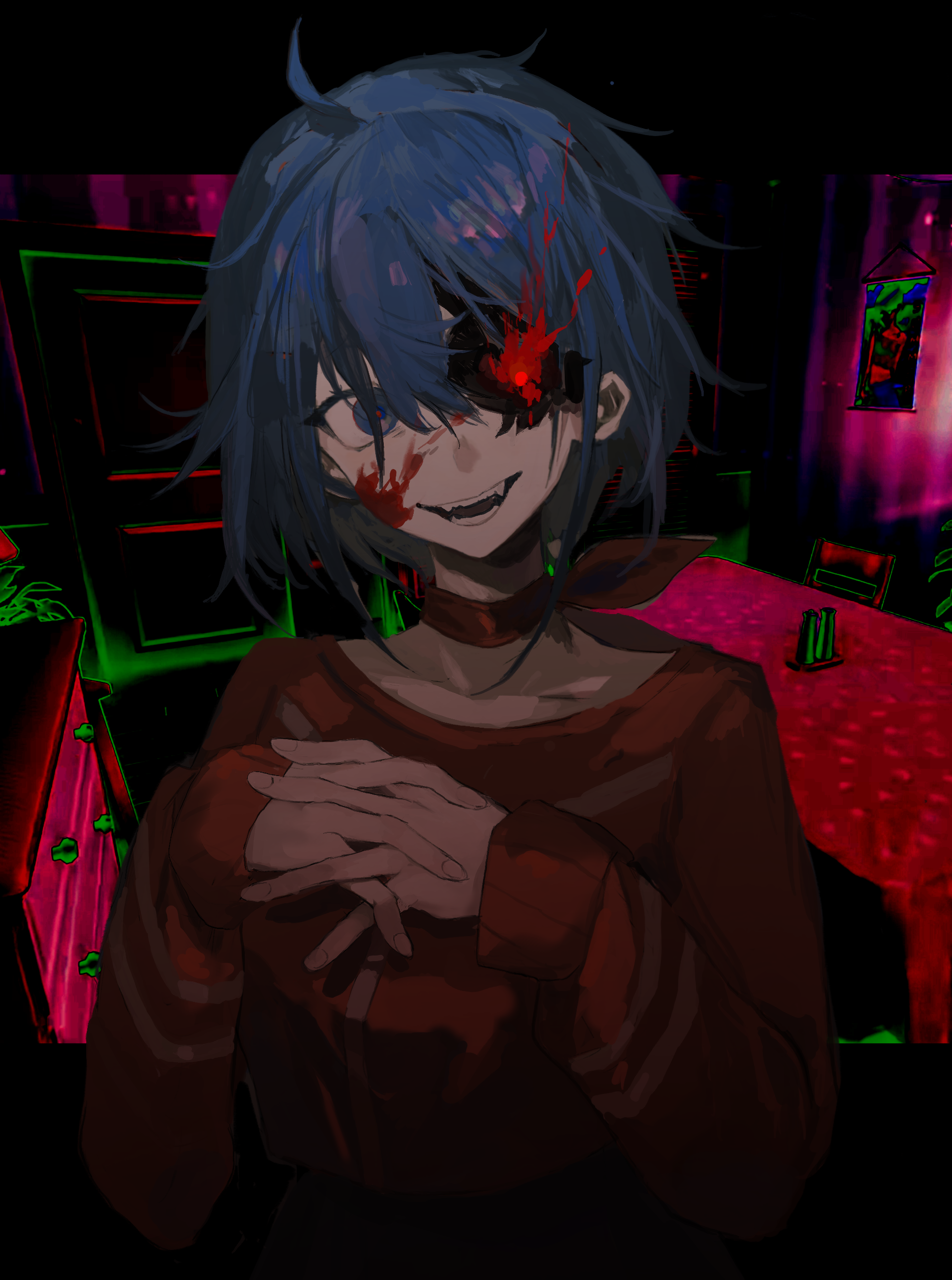 1girl absurdres ahoge black_border blood blood_on_face blue_eyes blue_hair border bow bow_choker chair chest_of_drawers choker collarbone crazy_eyes crazy_mita_(miside) crazy_smile cropped_shirt door fangs flaming_eye game_screenshot_background hair_between_eyes hair_ornament hairclip highres indoors interlocked_fingers inverted_colors kuma_(yoooooooo152) letterboxed long_sleeves looking_at_viewer messy_hair miside mita_(miside) open_mouth outside_border own_hands_together poster_(object) red_shirt salt_shaker screenshot_background shirt short_hair sleeves_past_wrists smile solo spoilers t-shirt table tablecloth upper_body