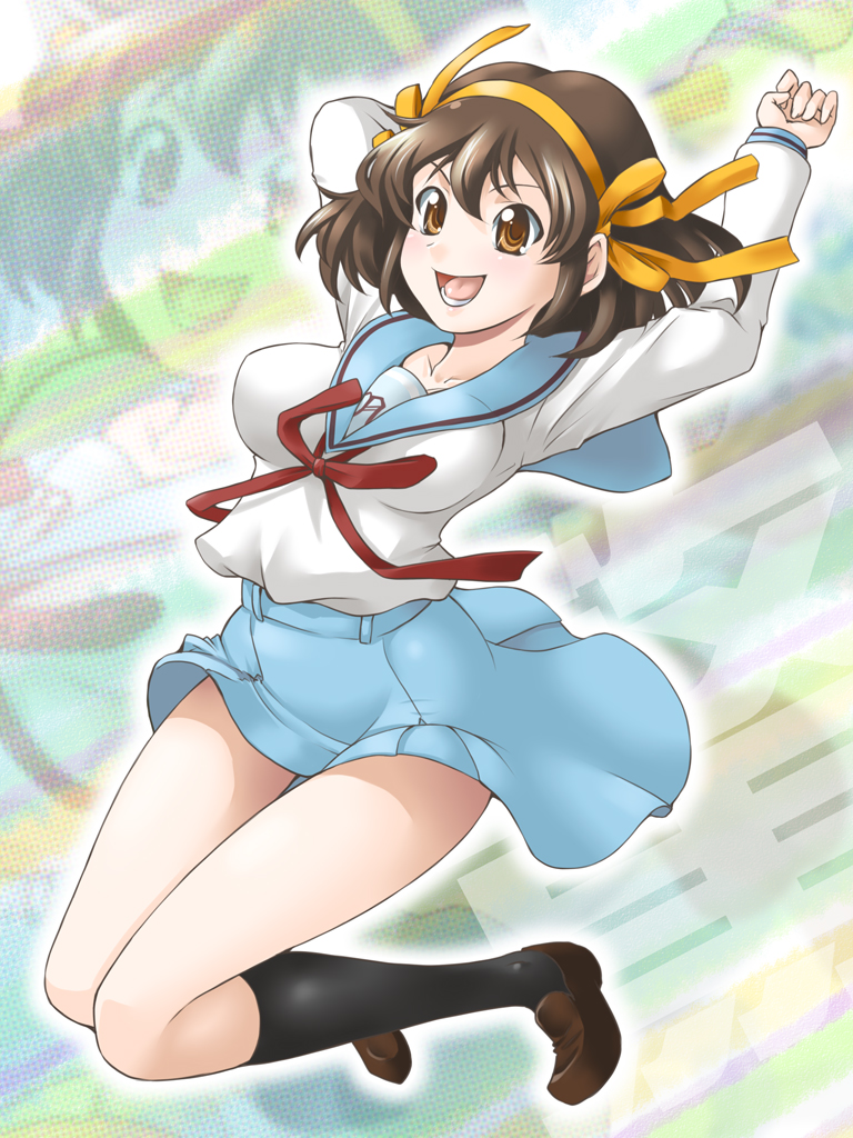 1girl brown_eyes brown_hair female_focus hair_ribbon hairband jumping ribbon school_uniform serafuku short_hair skirt solo suzumiya_haruhi suzumiya_haruhi_no_yuuutsu yaso_shigeru zoom_layer