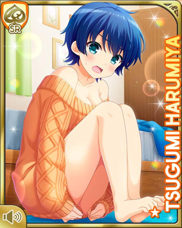 1girl bare_shoulders barefoot bed bedroom blue_hair bottomless breasts card_(medium) character_name day female_focus girlfriend_(kari) harumiya_tsugumi indoors long_sleeves looking_at_viewer official_art open_mouth orange_sweater qp:flapper red_eyes short_hair sitting sleeves_past_wrists solo sunlight sweater tagme upset