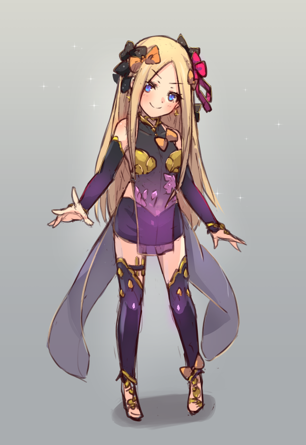 1girl abigail_williams_(fate) blonde_hair blue_eyes blush bow breasts cosplay detached_sleeves dress fate/grand_order fate_(series) female_focus forehead full_body gradient_background hair_bow hair_ribbon kama_(fate) kama_(fate)_(cosplay) kama_(first_ascension)_(fate) long_hair looking_at_viewer miya_(miyaruta) orange_bow parted_bangs pelvic_curtain pink_ribbon polka_dot polka_dot_bow purple_dress purple_legwear purple_skirt purple_sleeves ribbon sandals skirt small_breasts smile solo sparkle