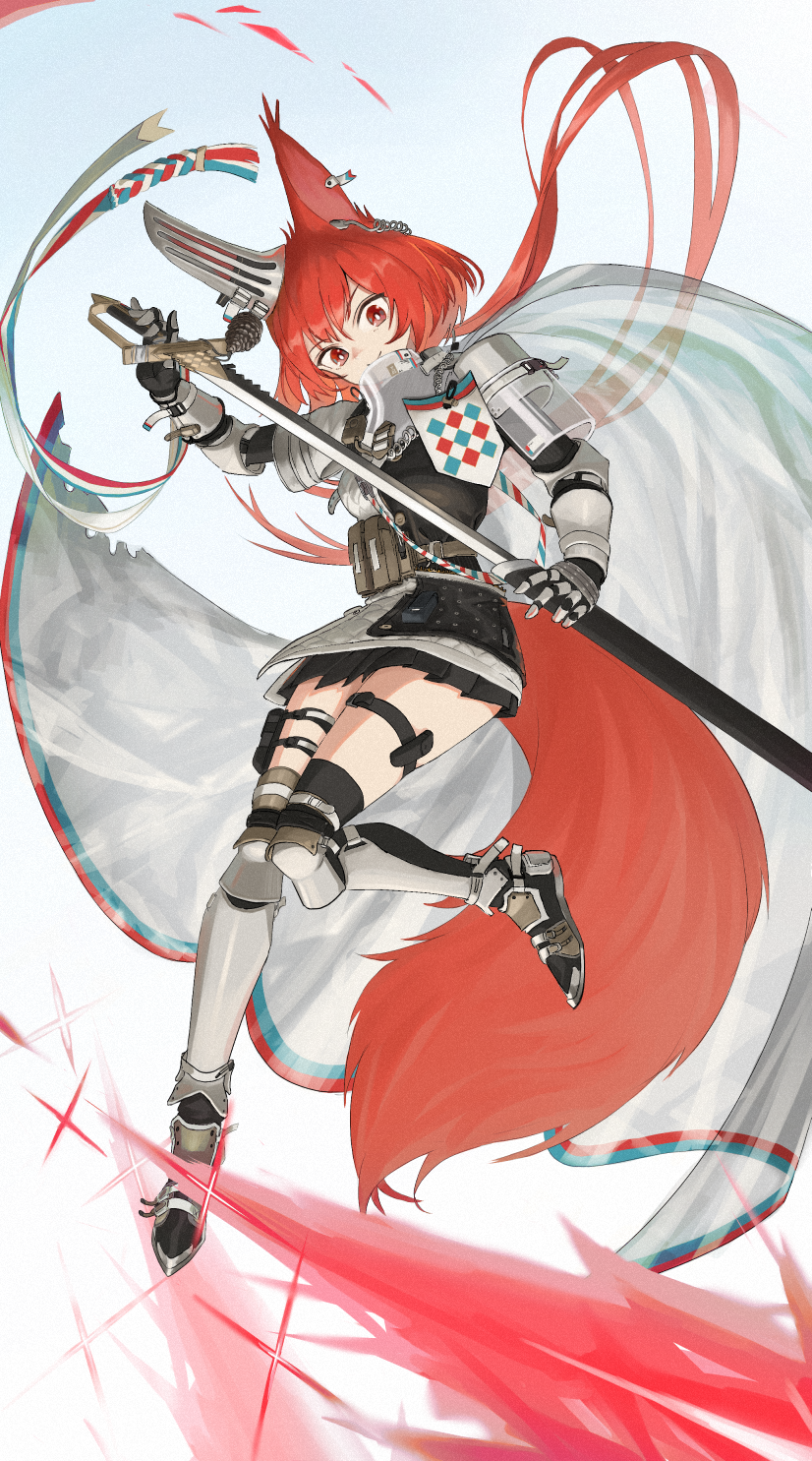 1girl animal_ears arknights armor cape drawing_sword flametail_(arknights) gauntlets greaves highres holding holding_sword holding_weapon izumo_(ton_63) low_ponytail ponytail pouch red_eyes red_hair skirt squirrel_ears squirrel_tail sword tail thigh_pouch thigh_strap weapon