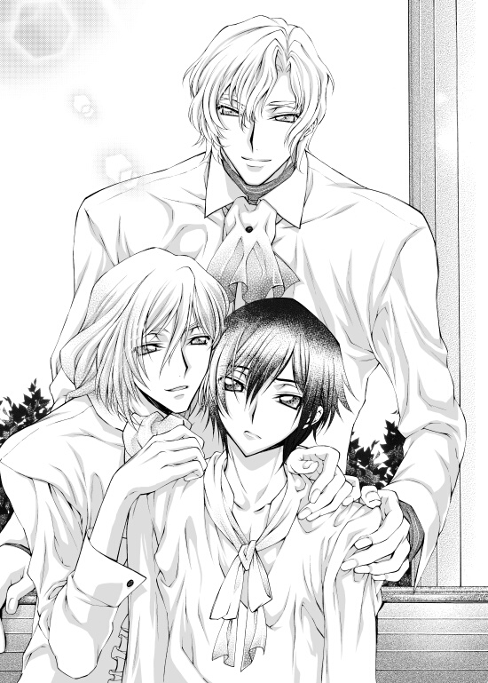 3boys clovis_la_britannia code_geass iyou lelouch_vi_britannia looking_at_viewer male_focus mizuno_poppo monochrome multiple_boys poppo schneizel_el_britannia window