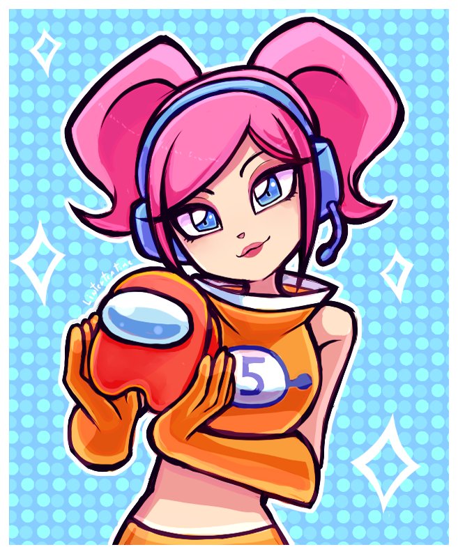 1girl 1other among_us blue_eyes crop_top crossover cyber_fashion earpiece elbow_gloves gloves headphones linterteatime pink_hair red_(among_us) shirt short_hair short_twintails skirt sleeveless space_channel_5 twintails ulala