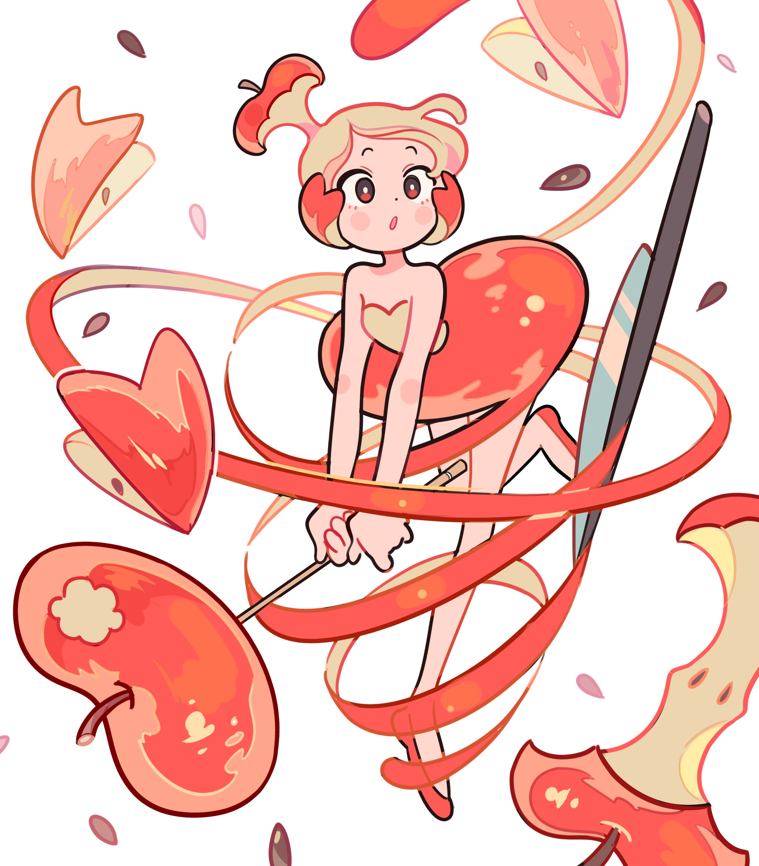 1girl :o abstract absurdres apple apple_core apple_peel ballet blonde_hair blush_stickers distortion dolman_(dm) dot_nose dress facing_to_the_side food fruit full_body highres holding holding_pole leaning_forward leg_up original peeling personification pole raised_eyebrows apple red_eyes red_footwear red_ribbon ribbon seed slip-on_shoes tutu two-handed