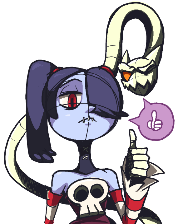 1girl alex_ahad_(style) bare_shoulders blue_hair blue_skin colored_skin detached_collar detached_sleeves female_focus hair_over_one_eye leviathan_(skullgirls) long_hair one_eye_closed parody red_eyes side_ponytail sketch skull skullgirls solo squigly_(skullgirls) stitched_mouth stitches striped_sleeves style_parody thumbs_up transparent_background unfinished wink zombie zone_(artist)